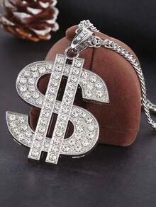 1pc Retro Hip-Hop Style Gold Chain Necklace With Diamond-Encrusted Dollar Sign Pendant - one-size - View 7