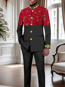 Men's Casual Long-Sleeved Two-Piece Suit, Mid-Length Top And Trousers - 紅色 - 查看 4