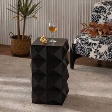Retro Black Wooden Side Table With A Three-Dimensional Embossed Pattern Design, 60 Cm High. No Assembly Required. - 黑色 - 查看 8