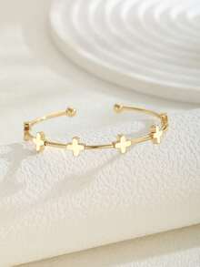 1pc Minimalist Fashionable Copper Cross Decor Bangle Bracelet, Open Cuff Bracelet, Children's Jewelry Accessory, Party & Holiday Gift - Gold - View 4