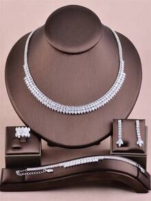 CORUIXI 1 套奢华方晶锆石首饰套装，包括项链、手链、耳环、戒指、4 件配饰，适合女性的新娘伴娘婚礼派对礼物