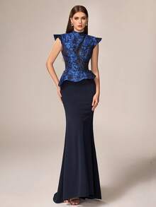 VIPGIRL 优雅奢华的女士双色蓝色提花晚礼服 - 立领、荷叶边肩部装饰的褶裥腰身上衣和修身鱼尾裙摆，完美适用于盛大晚宴、婚礼招待会、舞会和红毯活动。 - 藍色 - 查看 4