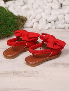 1双红色蝴蝶结装饰女童平底沙滩凉鞋，橡胶软底，撞色弹力带圆头可爱儿童拖鞋，适合3-15岁女孩，日常、上学、散步、旅行、聚会，2026春夏款 - 紅色 - 查看 6