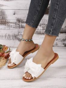 2026 Fashion And Comfortable Fabric Bow Artificial Leather Thickened Midsole Comfortable Square Toe Slippers - White - View 8