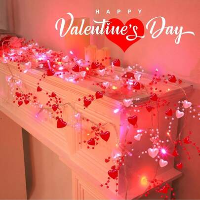 1 st dubbelfärgade - rosa och röda hjärtljus, alla hjärtans dag-pärlhjärtans girlang med ljus, totalt 10 LED-ljusslingor för alla hjärtans dag-dekorationer, batteridriven sovrumsdekor, hem inomhus, inget batteri