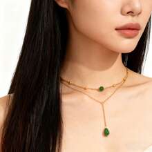 18k Gold Plated Stainless Steel Green Agate Pendant Necklace, Elegant Layered Design, Suitable For Women's Daily Wear - Gold Green - View 2
