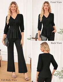 Women Business Casual Tops, 2026 Spring Dressy Blouses, 3/4 Sleeve Peplum Work Shirts V Neck Office Outfit - màu đen - Xem 4