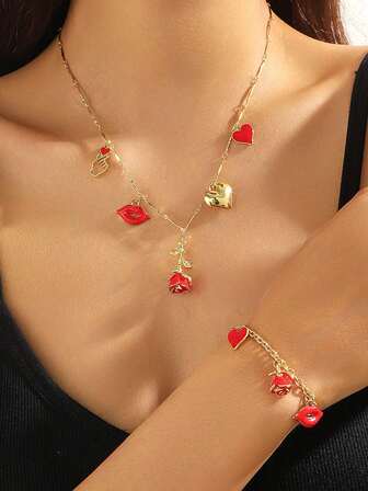 一套情人节手链项链套装，派对配饰，配有红色玫瑰花、心形串珠吊坠项链，时尚百搭，适合女性