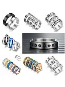 1 pieza Anillo giratorio de flor de acero de titanio, anillo de compromiso/boda para hombres y mujeres; 1 pieza Anillo de mujer con incrustaciones de circonita cúbica hueco y de moda; 1 pieza Anillo minimalista elegante de mujer con incrustaciones de circonita cúbica; 1 pieza Anillo de mujer con incrustaciones de circonita cúbica de dos tonos