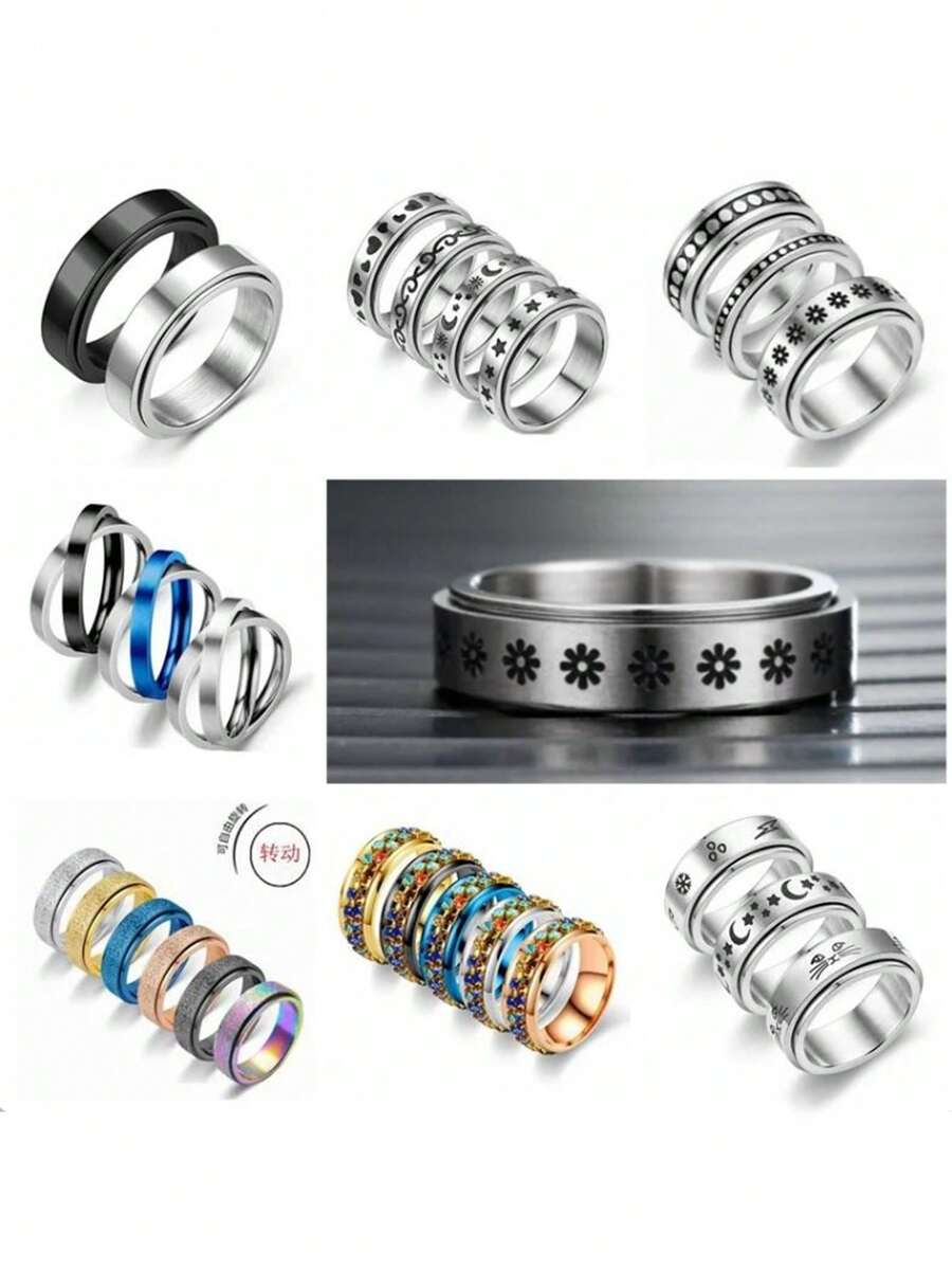 1 pieza Anillo giratorio de flor de acero de titanio, anillo de compromiso/boda para hombres y mujeres; 1 pieza Anillo de mujer con incrustaciones de circonita cúbica hueco y de moda; 1 pieza Anillo minimalista elegante de mujer con incrustaciones de circonita cúbica; 1 pieza Anillo de mujer con incrustaciones de circonita cúbica de dos tonos