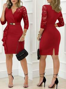 ChicMe Women's V-Neck 3/4 Sleeve Lace Patchwork Ruffle Hem Fitted Zipper Back Belted Elegant Evening Gown - Red - View 1