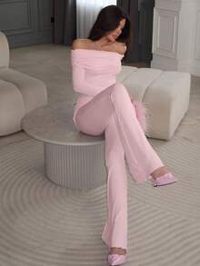 Women's Pleated Black Fungus Edge Long Sleeved Top, Low Waisted Flared Pants Set, For School Opening Ceremony, Graduation Season, Evening Date, Valentine's Day Women's Two Pieces Set - Baby Pink - View 5