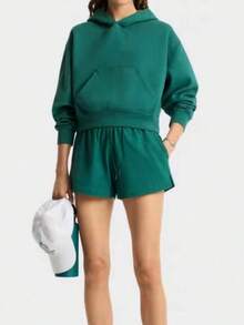 QING ROU 2pcs Set: Sweatshirt + Pants, Fashionable Versatile Soft Knit Loungewear Set, Suitable For Outerwear, Autumn/Winter - Green - View 4