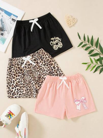 3pcs/Set Young Girl Casual Leopard Print, Letter, Bow Decor Shorts, Fashion Casual For Summer