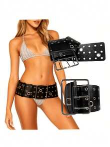 新款不对称金属孔眼宽腰带，三排扣，Y2K个性化设计，日常百搭 - 彩色 - 查看 6