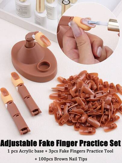 Adjustable Fake Finger Model Practice Set, Acrylic Nail Practice Model Fingers, 1 Base, 3 Fake Fingers, 100 Brown Nail Stickers, Suitable For Nail Art Training, DIY Salon Nail Supplies, Great For Nail Art Enthusiasts And Beginners
