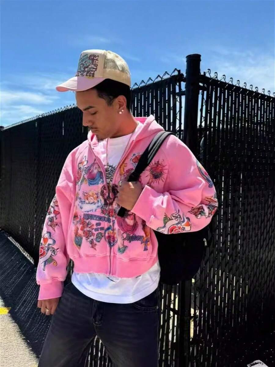 Vintage Sweater Hooded Harajuku Loose And Versatile Sweatshirt For Men And Women - 粉色 - 查看 1