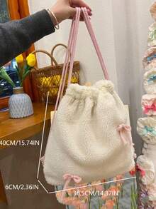 Back To School Niche Design Soft & Fluffy Drawstring Backpack, Sweet Milky White Healing Style, Convenient For Commuting, Outing, Daily Use, Large Capacity Bookbag, Autumn/Winter - Multicolor - View 5