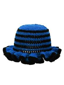 1 件女士手工条纹针织猫耳设计帽子，韩国 Y2k 风格街头潮流帽子可爱冬季秋季