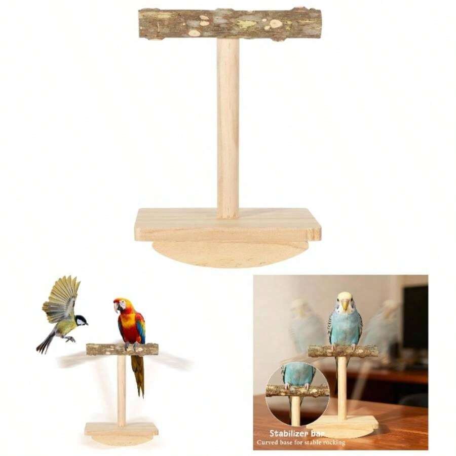Natural Wood Bird Perch Stand Training, Rocking Perch Birds, Intelligence Puzzle Enrichment Toys Parakeets, Parrot Perch Stand Cockatiels, Budgies, Conures, Bird Playground Accessories - Wooden - View 1