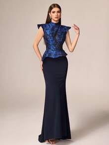 VIPGIRL 优雅奢华的女士双色蓝色提花晚礼服 - 立领、荷叶边肩部装饰的褶裥腰身上衣和修身鱼尾裙摆，完美适用于盛大晚宴、婚礼招待会、舞会和红毯活动。 - 藍色 - 查看 5