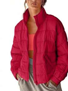 Womens Fashion Short Oversized Puffer Jacket Lightweight Water Resistant Packable Winter Coat - 紅色 - 查看 3