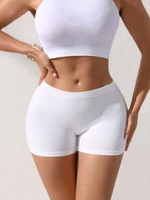 女士高腰透气弹力无缝瑜伽短裤运动内裤 - 简约舒适罗纹内裤，女士日常穿着必备内衣 - 白色 - 查看 3