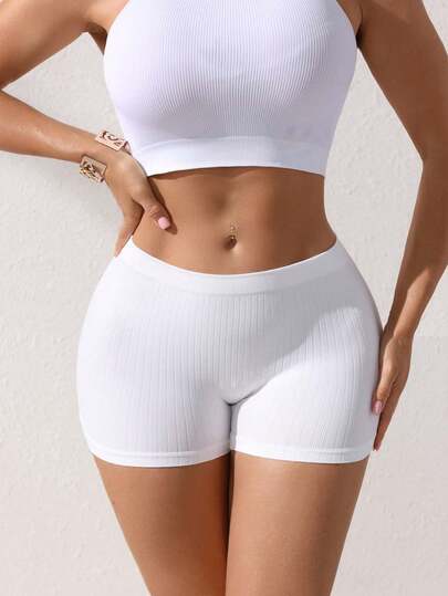 Pantalones cortos de yoga de cintura alta, transpirables y elásticos, sin costuras - Diseño sencillo, cómodos calzoncillos acanalados, lencería y ropa interior esencial para el uso diario de la mujer