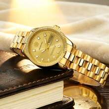 1pc 26mm Women's Watch, Stainless Steel Case & Band, Gold Color, High-End Elegant Quartz Watch, Luxury Business Waterproof Wristwatch, Fashion Calendar Diamond-Studded Ladies Watch, Suitable For Daily Decoration, Holiday & Birthday Gift - Gold - View 4