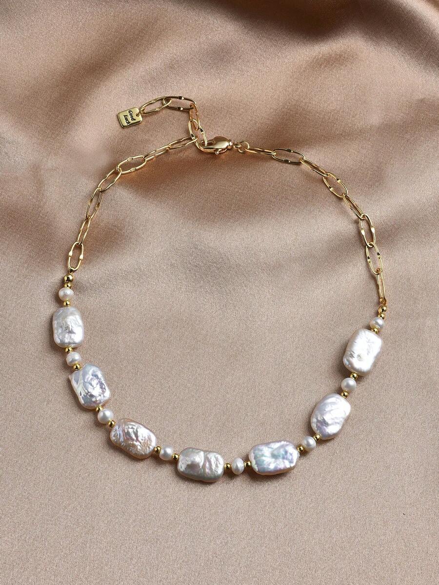 1条18K镀金时尚天然珍珠项链，母亲节、情人节、生日、婚礼、订婚、新娘礼物 - 白色 - 查看 1