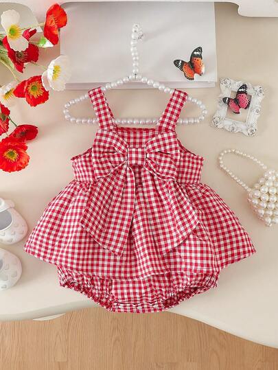 Pelele sin mangas con estampado a cuadros, decoración de lazo 3D y diseño de botones para niñas bebé, color rojo, adecuado para el Día de San Valentín, regalo de cumpleaños, uso diario, primavera/verano