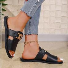 Women's Fashion Casual Snake Skin Pattern Buckle Decor Round Toe Comfortable Slide Sandals - Black - View 6
