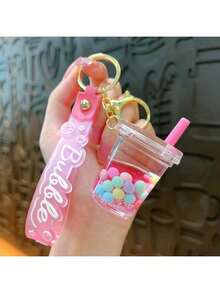 1pc Milk Tea Cup Shaped PVC Keychain With Glittery Beans, For Women's Bags, Backpacks, Cars, And Earphones, As A Small Fashionable Gift Halloween School Letter Car Accessories Cute Goth Y2k - 1PC-粉紅色 - 查看 2