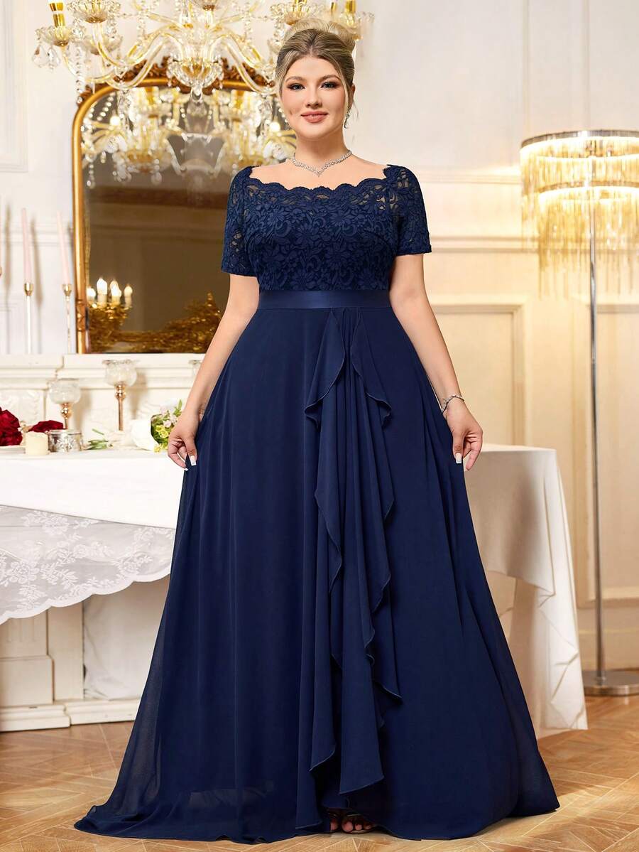 Đầm maxi cỡ lớn cổ chữ V ren hoa phối bèo nhún bằng chiffon, thanh lịch cho các dịp trang trọng như dạ hội, vũ hội, tiệc cưới, tiệc mùa xuân.
