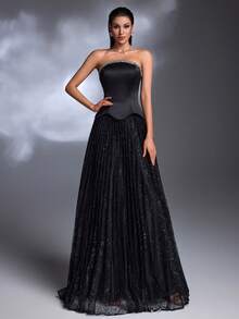 Vestido maxi de encaje plisado 2 en 1 con cuello de volantes y dobladillo de cuentas, hecho a mano de manera elegante y lujosa por AMILUCK. Adecuado para banquetes formales, fiestas de noche, alfombra roja y vestidos de invitada de boda. Color negro, primavera. - Negro - Ver 3