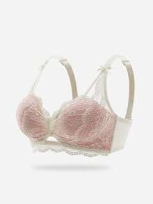 女士粉色新款性感蕾丝文胸，提拉、防下垂、镂空、聚拢、加垫、工字背钢圈文胸 [适合娇小胸型] - 粉色 - 查看 2