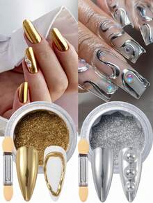 Y2K镜面铬闪粉美甲粉（带刷子），金属魔镜效果浸粉美甲油，白色、珍珠金、银色，可贴于指甲贴纸上，美甲用品 - 彩色 - 查看 9