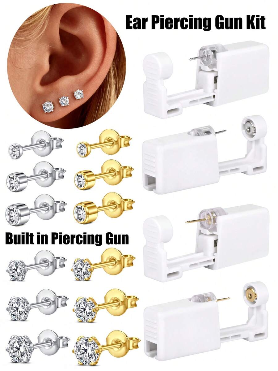 4件套耳洞穿刺套装，一次性耳软骨穿刺枪套装，含无菌氧化锆耳环，方便在家自行穿刺。一次性耳洞穿刺枪预装2毫米、3毫米、4毫米、5毫米耳环。 - 彩色 - 查看 1