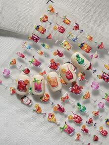 A Iced Tea Themed Nail Sticker With Embossed Texture Design, Refreshing In Summer, Featuring Elements Such As Cocktails, Iced Tea, Juice, Etc., Suitable For Personal DIY And Creating Refreshing Summer Style Nail Art Nails Nail Supplies Nail Stickers - Multicolor - View 2