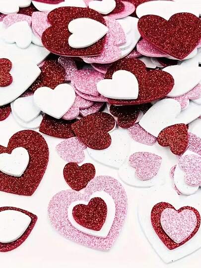60张情人节闪光爱心贴纸 - 3种颜色（红/粉/白） 可用于礼品标签、DIY贺卡、派对装饰、情侣礼物、家居装饰、节日装饰、手工用品