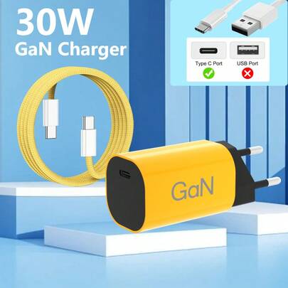 Bộ sạc tường GaN Type-C một cổng 30W kèm cáp dữ liệu Type-C bện dài 1M, bộ chuyển đổi sạc nhanh PD phù hợp cho máy tính bảng và điện thoại thông minh (17/16/15/14/13/12/11/X, iPad, Galaxy S25/S24/S23/S22, v.v.), màu vàng.