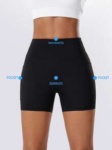 1pc Seamless High Waist Women Sports Shorts, With Side Pockets, Solid Color High Elasticity Compression Cycling Shorts, Suitable For Running, Pilates, Fitness, Yoga, Outdoor Cycling, Casual Wear - Black - View 6