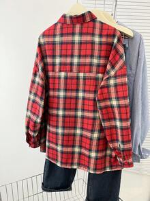 Casual Plaid Button-Front Shirt, Suitable For Everyday Wear In Autumn - Red - View 2