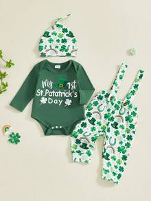 Conjuntos de ropa de primavera para bebés varones de Irish Day, mono de manga larga con cuello redondo y estampado de letras, pantalones con tirantes y estampado de trébol, sombrero, ropa de ocio sencilla ideal para 0 a 12 meses - Verde - Ver 6