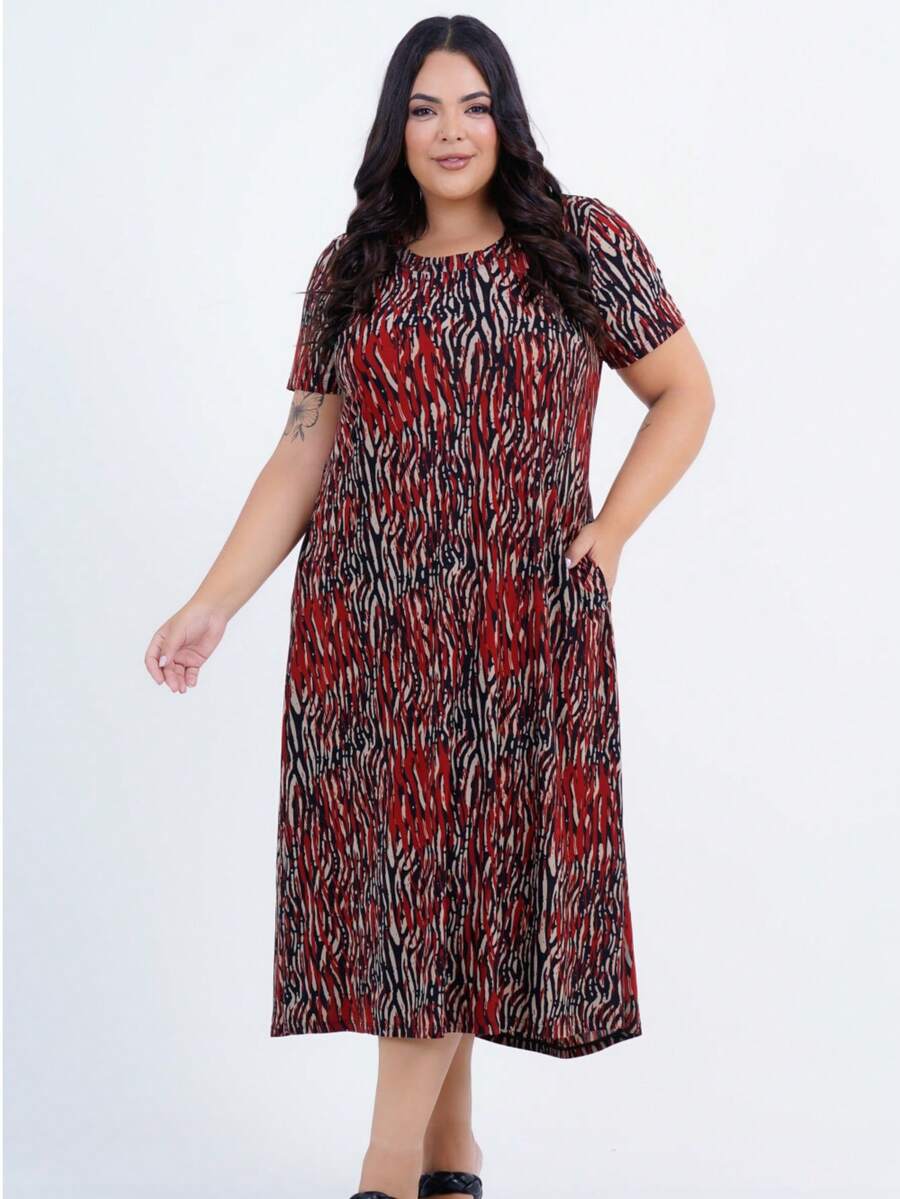 Women's Plus Size Midi Dress - 紅色 - 查看 1