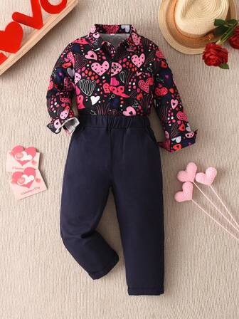 男童情人节派对套装（两件套），心形印花衬衫+裤子，春秋季