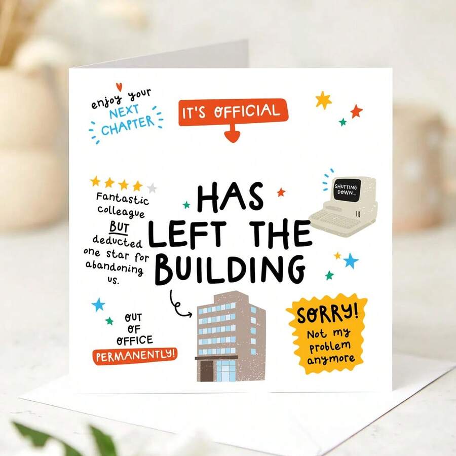 Funny Retirement Card, Congrats New Job, Left The Building, Funny Card For Colleague, Funny Office Retirement Greeting - Multicolor - View 1