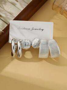 Set de 6/18 pendientes de moda en plata, incluye diseños florales, con textura de concha, brillantes, aros minimalistas, estilos mixtos adecuados para uso diario - Plateado - Ver 4