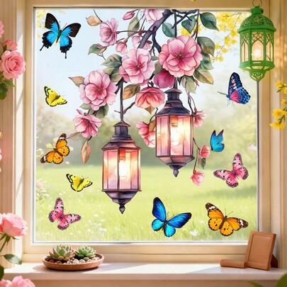 1/3 Stücke Frühlings Blumen Fensteraufkleber, Laternen Design, statische Klebefolien, Wohnzimmer Fenster Aufkleber, abnehmbare wasserfeste Vinyl Saison Dekoration