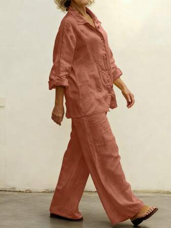 Casual Solid Color Elegant Polo Collar Shirt Cardigan & Elastic Waist Loose Fit Pants 2 Pieces Set, Suitable For Spring, Summer, Autumn Vacation, Commute, Daily Wear